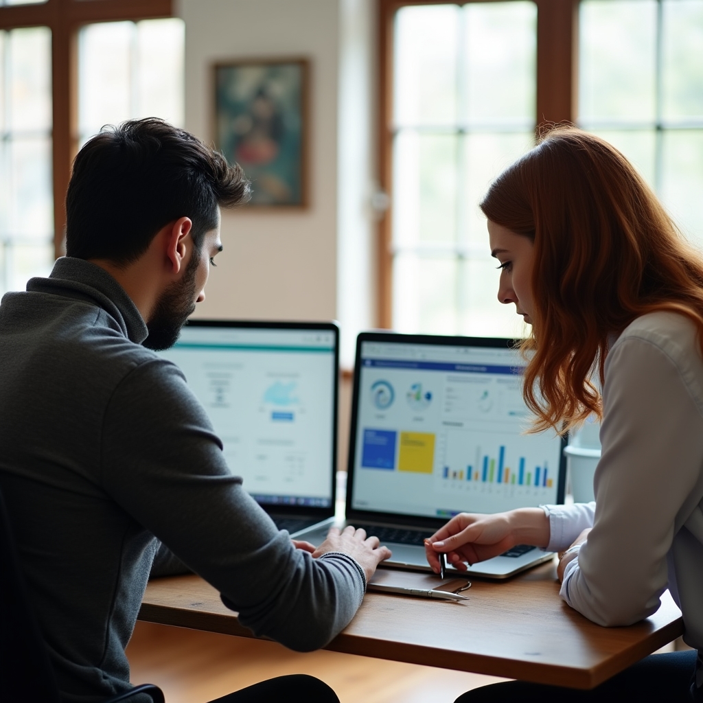 Two professionals reviewing and comparing digital tool options on laptop screens in bright office